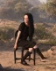 Placeholder: Billie Eilish, sitting on a chair, Black Short Dress, high detail, realistic