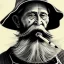 Placeholder: pencil Black and white Portrait of old fishermen sitting on a chair ,long beard, tobacco pipe,wearing a bucket hat, fantasy 8k by Van Gogh