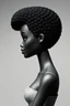 Placeholder: monochrome minimalist profile headshot of beautiful brown skinned Black barbie doll with short afro and bare shoulders