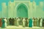 Placeholder: a group of people outside a gothic_arab glass gate in a turquoise wall by artist "Richard Dadd"