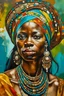 Placeholder: Painted portrait of African woman in turban, long hair and loads of jewellery, painted by paint brush in style of Gustav Klimt