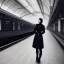 Placeholder: A tall slender young woman with short hair and a black trench coat longingly waiting for her lover at a train station in Munich