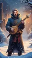 Placeholder: portrait of bard man with sword and lute in the snow garden holding a tower fortification, magazine cover illustration with oil paint and spray paint, signed, bokeh like, down-light, unreal engine, prize winning