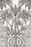 Placeholder: Mandala of palm trees with seashells, outlined in black and white with clear, substantial lines for an adult coloring book, contour, vector, clean line art, against a white background