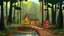 Placeholder: Cartoon style: at the end of the bridge, there is one tiny wooden house with red roof