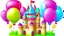 Placeholder: Illustration of a balloon castle, this castle is the party decoration factory. detailed illustration, realistic and colorfull