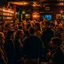 Placeholder: a crowded bar at night, lots of people, focus on a lonely person against the wall