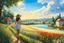 Placeholder: Young woman in flower field in country side ,river, houses,blue sky ,nice clouds,god rays