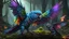 Placeholder: awesome (zombie parrot:1.5) eating a (pretty canine:1.5) with fur and bits flying in the air, wacky zany facial expression, intricate detail, sharp, colorful, iridescent, deep color, grey and black fairy forest, 8k resolution, trending on Artstation, glowing runes, zombiecore, H.R. Giger, dynamic lighting