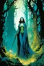 Placeholder: create a wildly conceptual illustration of sorceress gathering in an ethereal, otherworldly , darkened, ancient forest draped in hanging moss and climbing vines, in the comic book art style of Bill Sienkiewicz, Mike Mignola, Sparth, and Jean Giraud Moebius, finely drawn, colored and inked, suffused with dramatic natural light and shadow under a midnight blue moon