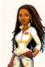 Placeholder: Create a digital airbrush cartoon of a curvy African American female wearing tight white jeans and a off the shoulder orange blouse. She is also wearing timberland boots. Prominent make up with hazel eyes. Highly detailed very long extremely dread locs black hair. Her skin is smooth and silky. Background of a track of ATV riders.