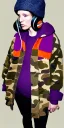 Placeholder: Brunette woman.thick thighs,thick calves,normal bodytype. big head. Mantle is sewed of upcycled Denim and sewed together of camouflage pieces. Colors are orange,red, cream and purple and various denim colors. It is with big bright purple felt tippet and cream-colored-hood. mantle is merged with satchel, ochre. AKG-style headphones (gold rings!) is merged with small felt cap with visor. Style: Haute Couture in 1950's, N.Y.C fashion in 2024, inspired by street art. Cream latex gaiter. Tennis shoes