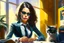 Placeholder: kitten brunette woman secret agent joker in an office in sunshine, very detailed, oil painting