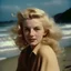 Placeholder: A photograph of marilyn monroe as norma jeane baker with long blond hair, spiky hair, no make up, in the style of milton greene, at the beach, in the wind