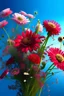 Placeholder: bouquet of wildflowers in red and pink shades on a blue sky background, professional photo, 30mm lens, 1/250C, 4K, high resolution, high detail, photosensitivity ISO 100 and f/2.8 gllitet. The nature of the drawing is arbitrary. the inscription is in the light. 4d glitter. iso 1000, 128k, Josephine Wall. Antoine Helbert