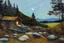 Placeholder: Night, moon, cabin, rocks, pathway, trees, grass, mountains, distant mountains, philip wilson steer impressionism painting