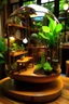 Placeholder: A minimap diorama of a cafe adorned with indoor plants. Wooden beams crisscross above, and a cold brew station stands out with tiny bottles and glasses. the diorama is inside a glas sphere standing on a desk