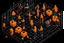 Placeholder: innovation - solarpunk illustration - people celebrating, isometric, orange elements, black background, happy people
