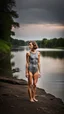 Placeholder: beautiful anorexic woman, full body shot, short grey triathlon swimsuit, medium length wavy bob haircut, photographed at the river