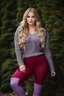 Placeholder: beautiful 18 year old girl with ash blonde hair and blue eyes with her curvy hair down, wearing a long-sleeved woollen top, and lilac long leggings, with long red boots full body shot