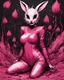 Placeholder: Asian woman, leaning pose, rabbit mask, pink short hair, latex suit, highly detailed, fullbody, splashes blood, behind guts rising from the ground, papercut illustration by <John Kenn Mortensen>, darkred tones,