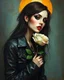 Placeholder: painting of a woman gothic style make up and leather jacket holding a white rose , surrealist painting, surrealist artwork, emotional bsurrealist art, abstract surrealist, a surrealist painting, surrealist art , abstract surrealism, abstract surrealism masterpiece, surreal painting, contemporary surrealism, magically shaped surrealism