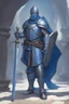 Placeholder: Knight wearing blue armor and blue cape with blue face mask, holding a sword and shield