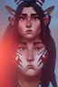 Placeholder: A beautiful portrait of a cute Native American woman with small horns, red color scheme, high key lighting, volumetric light high details with white stripes and feathers