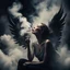 Placeholder: woman sitting forward Her face upward and blows cigarette smoke from their mouth upward. a figure with wings emerging from its back. behind the clouds of smoke look death. dark and mysterious