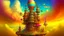 Placeholder: digital painting, A fantastical, surreal landscape with a large, ornate, multi-colored tower structure in the center. The tower has intricate architectural details and patterns, with a spherical dome at the top. The background features floating islands, clouds, and a bright, colorful sky. The overall scene has a dreamlike, imaginative quality, bold and slim lines, brush strokes