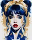 Placeholder: Poster in two gradually, a one side the Singer Danish MØ face and other side the Singer Melanie Martinez face, symmetry, painting by Yoji Shinkawa, darkblue and gold tones,