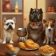 Placeholder: dogs trying to reach food on tables