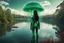 Placeholder: Photorealistic Photo Of A long black-haired woman in a green robot suit, Looking Out Over A Lake With jellyfish with red Tentacles, Tall Narrow Cloud Trees In The distance with an alien sky