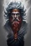 Placeholder: god Zeus, fiery eyes, red beard, red hair, ethnic symbols, Scandinavian signs, fire tattoo, black forest, high definition image, realistic image