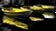 Placeholder: Several yellow and gray rowboats floating on a dark, reflective body of water