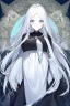 Placeholder: A beautiful young woman with long white hair and blue eyes, pale skin with opal freckles. Wearing a black dress