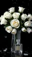 Placeholder: The image is a digital artwork that depicts a bouquet of 12 white roses in crystal vase , creating a wave-like effect. Beside a perfume an elegant perfume , The background is black, which makes the white rose stand out even more. Water droplets are scattered adding to the dreamy, ethereal quality of the image. The a