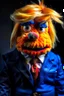 Placeholder: a Film Photograph of a realistic angry orange Donald Trump Muppet made of felt and fur wearing a dark blue suit and red tie and with blonde hair combover