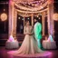 Placeholder: Hyper Realistic Beautiful Traditional Pakistani Couple on Valima Stage decorated with neon wedding lights at Night