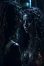 Placeholder: Close up of a beautiful woman with long curly black hair standing in front of a mirror, she doesn't see, but her reflection in the mirror is a dark demon with intense scary eyes looking back at her. Super realistic, 8k high quality