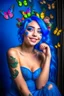 Placeholder: A very beautiful girl wearing nude makeup, smiling, with blue hair and flowers, wearing a dress of butterflies hd