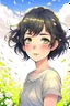 Placeholder: Cute anime girl, brown eyes, short black hair, spring totally white dress with flowers. Windy day