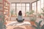 Placeholder: An image featuring a young woman sitting and thinking looking at the window and breathing peacefully , much like the iconic 'Lofi Girl' scene. She is surrounded by cozy decor, including bookshelves, plants, and other elements that exude a sense of calm. In the background, a window reveals a daytime with bright daylight . Ensure that the image exudes a tranquil and relaxing ambiance, perfect for studying or moments of contemplation, unreal engine, greg rutkowski, loish, rhads, beeple, makoto shi