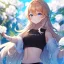 Placeholder: Clear focus,8k,Beatiful Lighting,Beatiful Blur,Beatiful Shading,Orange long hair,fluffy hair, long fluffy bangs, Blue eyes, wearing a crop top with a flowers near the end that are white and the main color is black, sleeveless crop top, wearing light blue cut sleeves with white flowers near the end, wearing a light yellow skirt with black long stocking on, underboob, wearing a black fingerless gloves