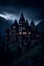 Placeholder: an enormous, extremely aesthetic castle on top of the great mountains in the Caucasus, midnight, pessimistic and depressing atmosphere, very rainy, baroque architecture, victorian era, late 1800s, very detailed, aesthetic, dramatic lighting