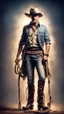 Placeholder: postcard portrait of towering man sexy cowboy with rope lasso man and old boots ,hands behind back, in spotlight, magazine cover illustration with spray paint, signed, bokeh like, down-light, unreal engine, prize winning