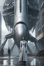 Placeholder: a photorealistic sleek, long, silver spaceship sitting in the street of a dystopian futuristic ruined alien city, with a woman in a silver suit, standing in front