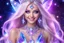 Placeholder: beautiful bright fairy cosmic women with cosmic long straight hair, crystal jewel and dressed with a magic crystal suit. she has light make up and a sweety smile