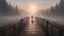 Placeholder: walking straight ahead over a wooden bridge, holding the angel of death with your right hand, entering the fog at the end of the road that leads to the afterlife, a stream from the mountains flows from the right and left, and a beautiful sunset behind the fog, realistic