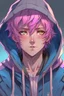 Placeholder: An anime man with messy short pink hair and narrow blue eyes wearing a hooded jacket Realistic.